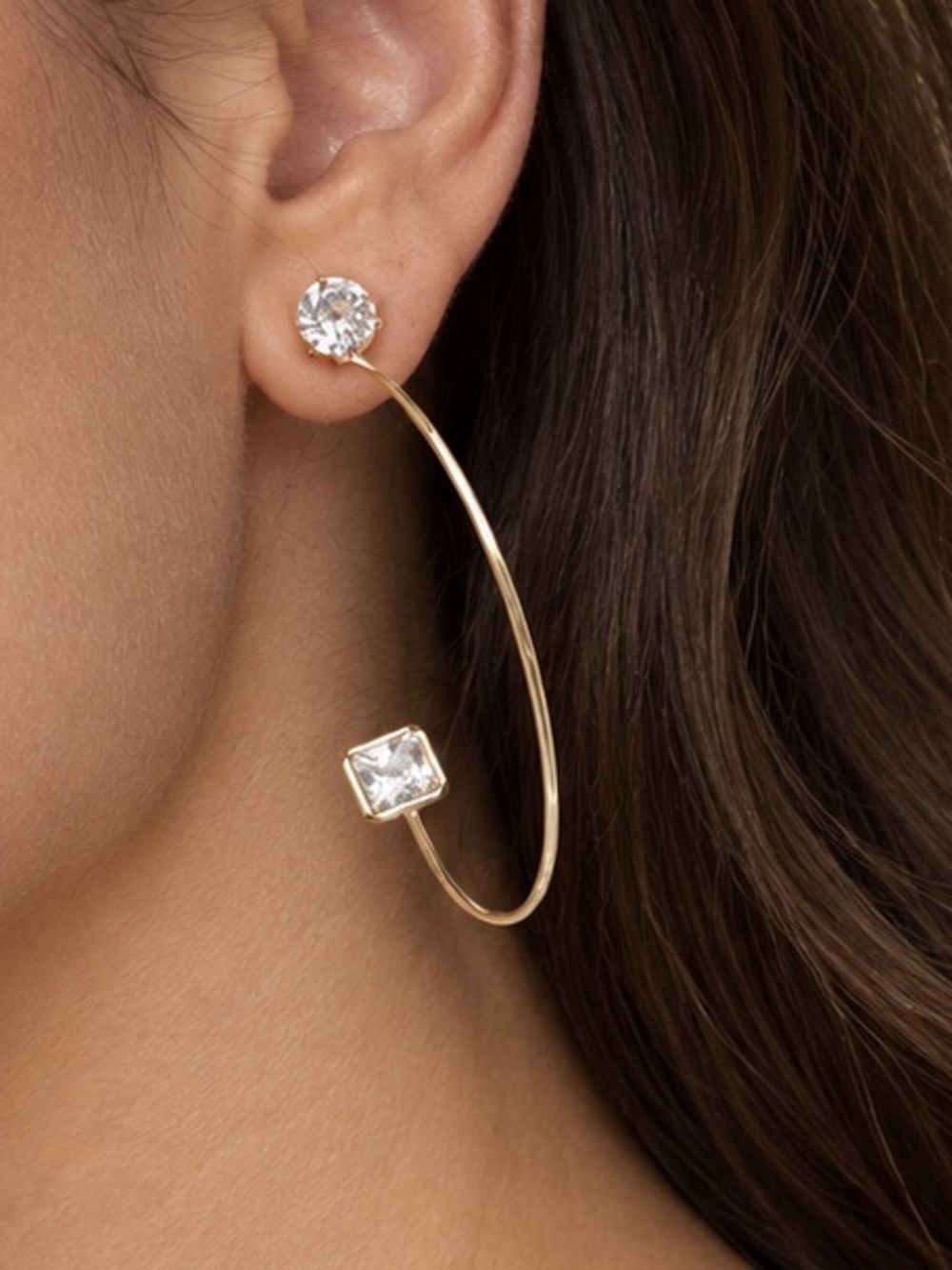 Anthropologie Gold Open Hoop Earrings with Clear Stone Accents
